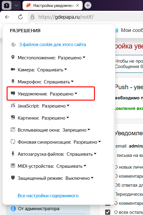 Включение и выключение уведомлений в Яндекс-браузере на ПК