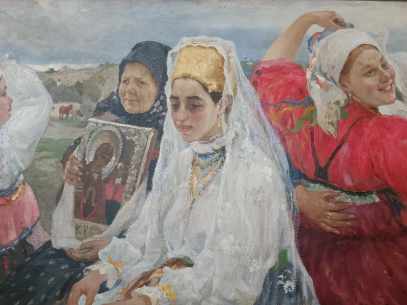 фрагмент картины Александра Бучкури «Свадебный поезд», 1912 год, печальное лицо невесты предположительно списано с лица супруги художника — Вассы Иосифовны
