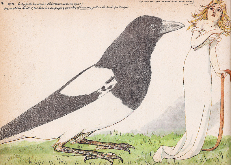 Из альбома Чарльза Дойла. Девочка испуганно говорит большой птице: «Улетай и оставь моего бедного слепого червяка в покое»